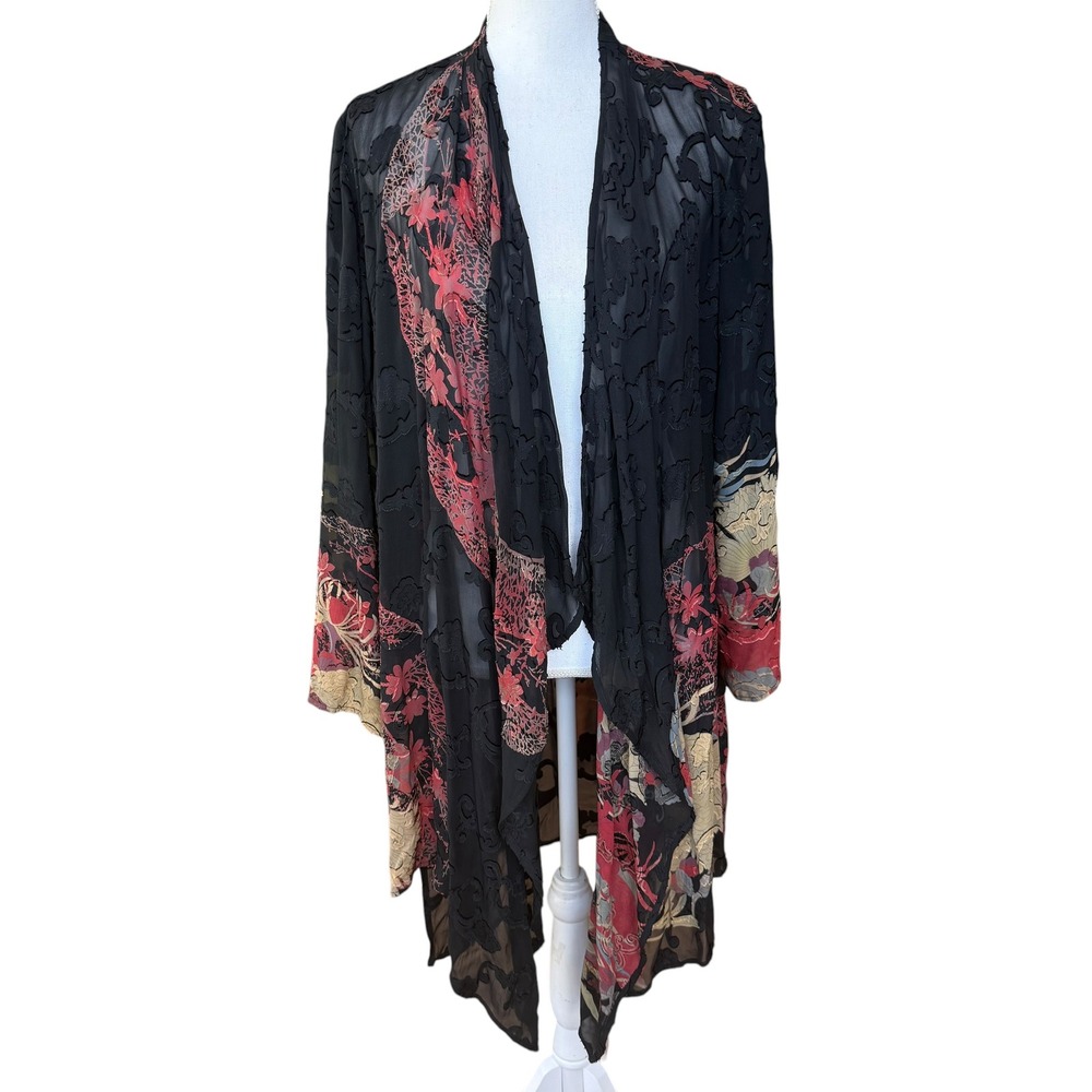 Citron Santa Monica Silk‎ Blend Burnout Kimono Cardigan Floral Fan Print Black L